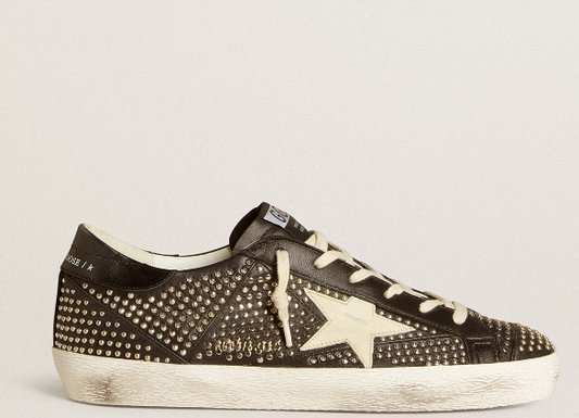 Super-Star Uomo in nappa nera con borchie e stella in pelle bianca