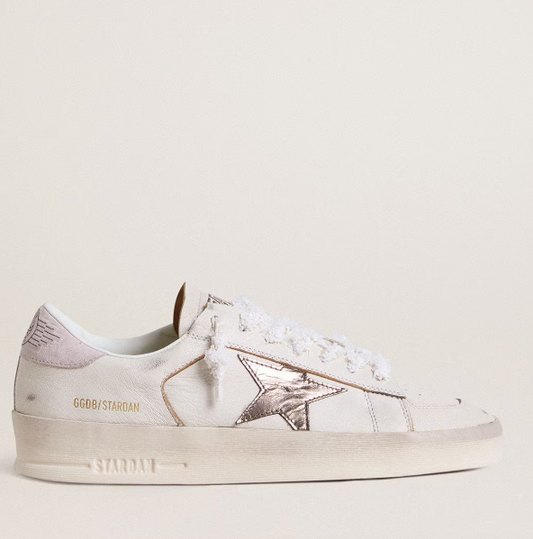 Stardan in nappa con stella in pelle laminata argento e talloncino in suede rosa