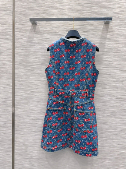 LV 25 Cherry Denim Vest Dress Blue Cotton