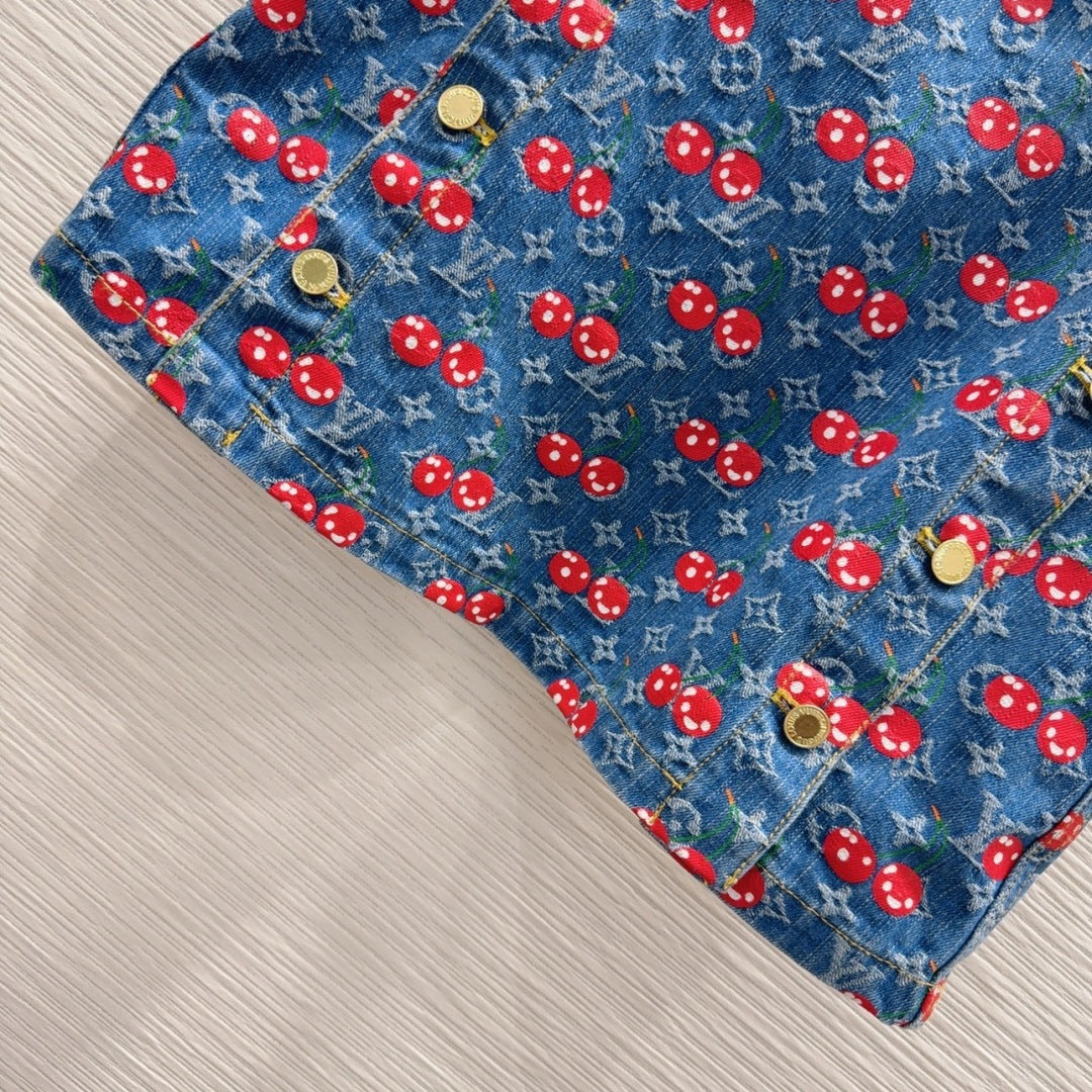 LV 25 Cherry Denim Skirt  Blue Cotton