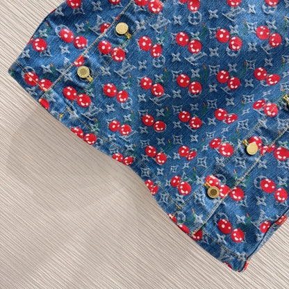 LV 25 Cherry Denim Skirt  Blue Cotton