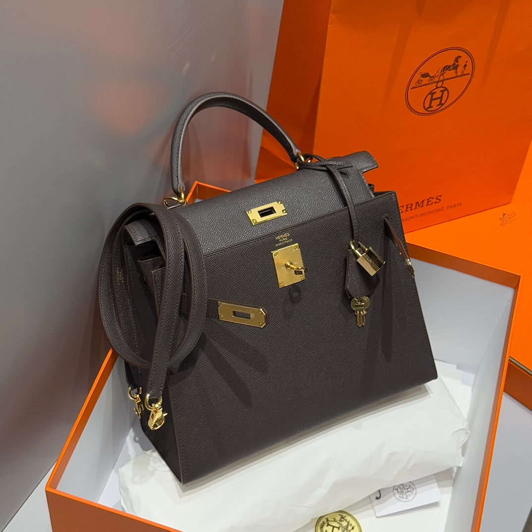 Hermes Kelly Bag Ebony Gold Epsom Leather